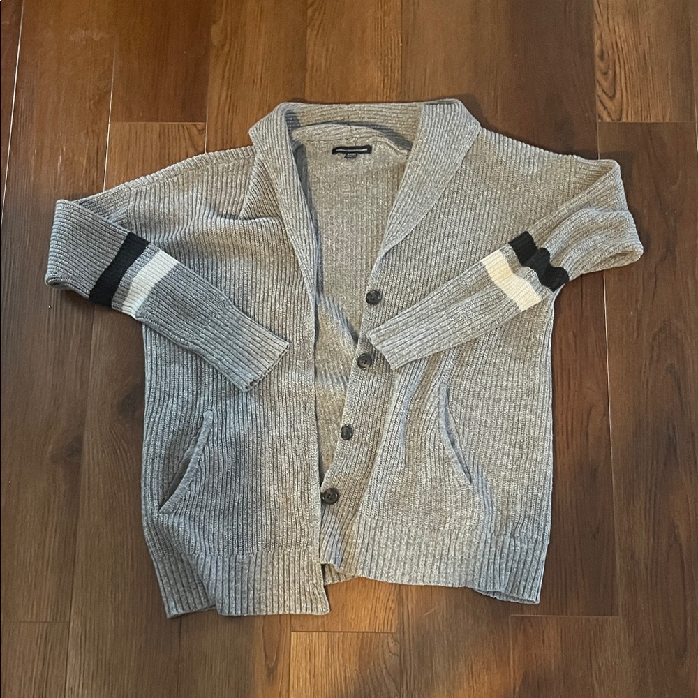 American Eagle Outfitters Gray Cardigan with Black and White Stripes